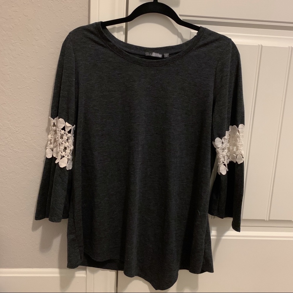 gray and white blouse